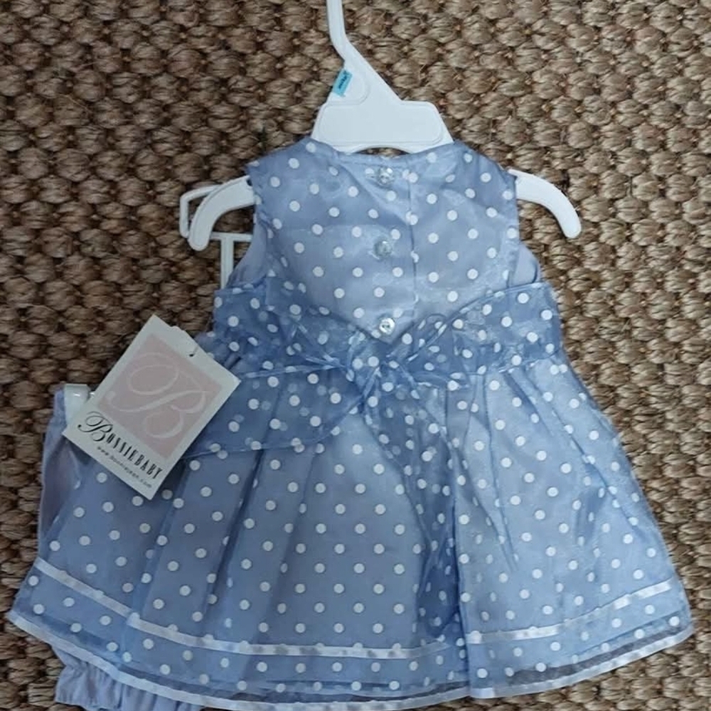 NWT Bonnie Baby 2 Pc Blue and White Polkadot Pinafore Dress Set ~3-6M - Picture 3 of 4